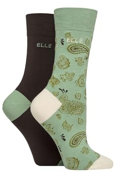 ELLE Ladies Soft, Breathable & Cooling Bamboo Patterned and Plain Colourful Socks in a Multipack of 2 Pairs (UK, Numeric, 4, 8, Regular, Regular, Forager)