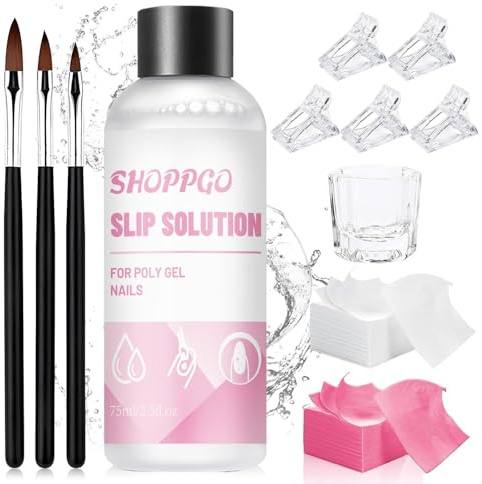 SHOPPGO Slip Solution for Polygel Nails, Polygel Slip Solution | 75ml Slip Solution, 5 Nail Tip Clips, 3 Brushes, 1 Crystal Cup, 100 Cleaning Papers