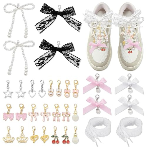 YinnFeen 32 Piezas Charms para Cordones, 16 Estilos Charms Clip On para Zapatillas, Corazón Perla Zapatos Cordones Clips y Cordone de Encaje para DIY Decoración Zapatos Calcetines Bolsos