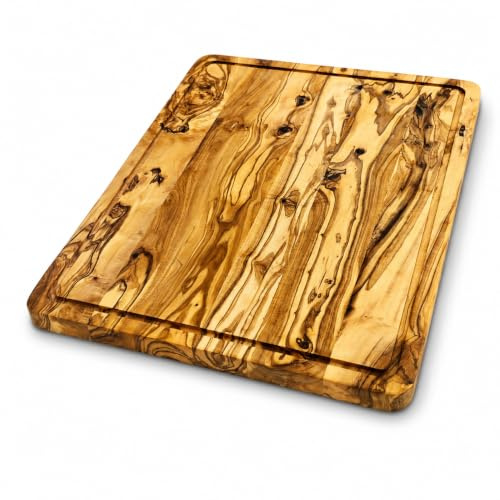 SattesGrün® XL Schneidebrett aus Olivenholz 40 x 30 x 2 cm – Massives Holzbrett mit Saftrille – Servierbrett, Tranchierbrett & Hackbrett – Beidseitig nutzbar