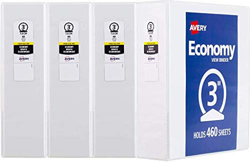 Avery 3 Economy View 3 Ring Binder, Round Ring, Holds 8.5 x 11 Paper, 4 White Binders (3360)