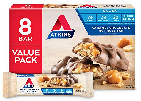 Atkins Snack Bar, Caramel Chocolate Nut Roll, 8 Count (Value Pack)