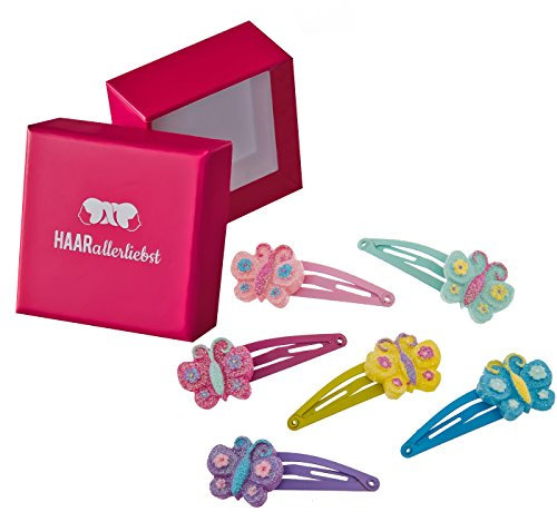 Haarallerliebst Haarspangen Set für Kinder – 6 Stück Schmetterlinge mit Glitzer inkl. Aufbewahrungsbox pink – Ideal für dünnes bis dickes Haar