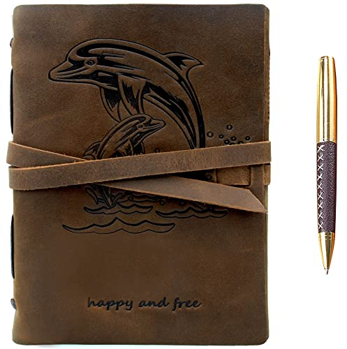 Leder Notizbuch A5 Tagebuch Journal Geprägt Delphin Handgefertigte Reisetagebuch, Vintage Notebook Für Männer Frauen Antik Rustikal Echtes Leder 21X15Cm Geschenk Sketchbook Reisende Travelers Notebook