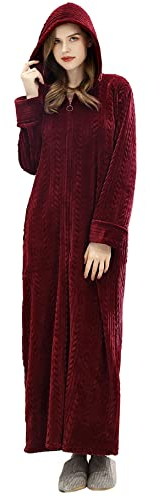ZFSOCK Damen Morgenmantel Shaggy Extra Lang Flauschig mit Reissverschluss Kapuze Bademantel Plüsch Flanell Microfaser Fleece Winter Cozy Warm Weich Wadenlang Bodenlang Weinrot Loungewear Bordeaux