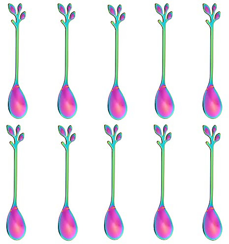 AnSaw Elegant Rainbow Leaf Coffee Spoons - 10-Piece, 4.7 Mini Stainless Steel Espresso & Dessert Tea Spoons, Perfect for Demitasse & Small Servings