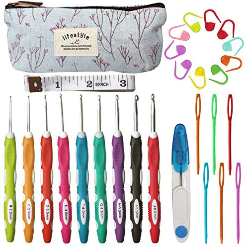 Qililandiy 27pcs Ergonomic Crochet Hooks Set with 9pcs Soft Handles Crochet and Random Case Knitting Stitch Markers