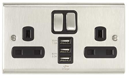 Deta SD1299SSB Switched Socket 13 Amp 2 Gang & 3 x USB Ports Stainless Steel