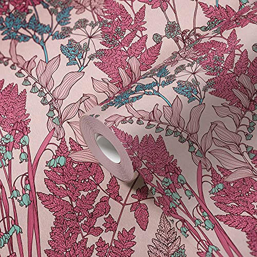 A.S. Création Architects Paper Blumentapete Floral Impression Tapete natürlich PVC-freie Vliestapete rosa rot blau braun grün matt glatt 377518 37751-8, 10.05 m x 0.53 m