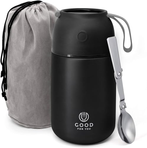 GOOD FOR YOU - Thermal Food flask for hot food, Soup containers, ideal as a thermal lunch box, soup flask or food warmer lunch box - Stainless Steel insulated hot food flask - Black
