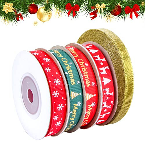 Annhao Nastri Natalizi, 5 Stili Nastri Natalizie per Confezioni Regalo, Totale 59m Nastro Natalizio con Motivo a Fiocco di Neve Rosso Verde Oro molto adatto per confezioni regalo natalizie