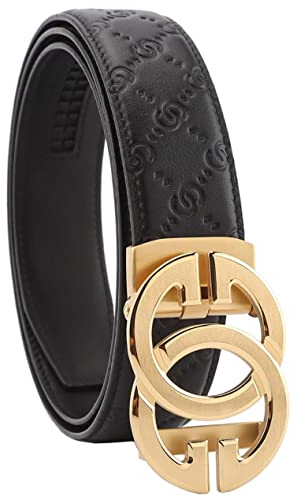 Herren-Gürtel aus geprägtem Leder mit automatischer Schnalle mit Ratsche, verstellbare Länge, schwarz / goldfarben, Einstellbar Von 20 / 44 Taille