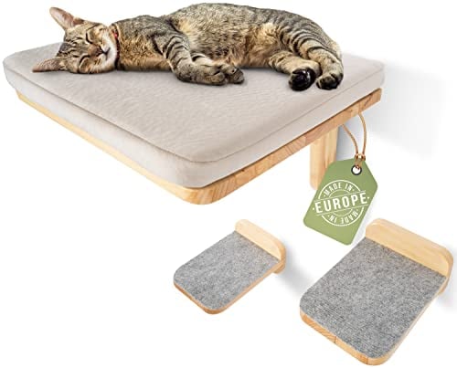 WOOWOOD® Kletterwand Katzen inkl. 2X Katzentreppe Wand [aus Europa] I Kratzbaum Wand I katzenhängematte I Katzen Wand Klettern I Katzenwand I Wandkratzbaum I Katzenmöbel (Katzenliege-Naturholz)
