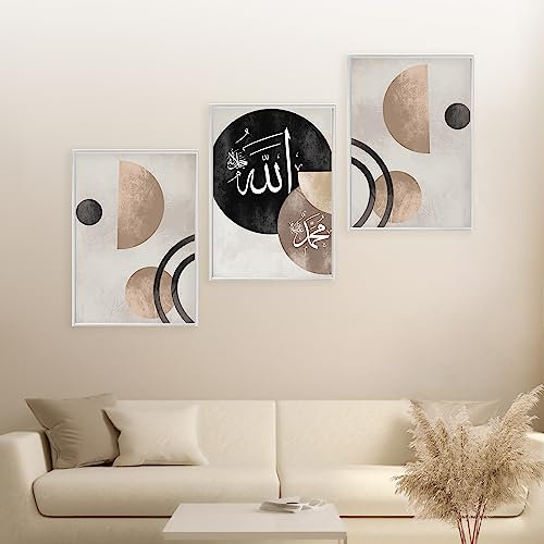 HAVA Artwork ® Poster Set, Islamische Poster, Islam Poster Set, Poster Set Islam, Islamische Bilder, Islamische Deko, Islam Deko, Bilderrahmen (3x 40x50cm mit Silberrahmen, Abstract Set)