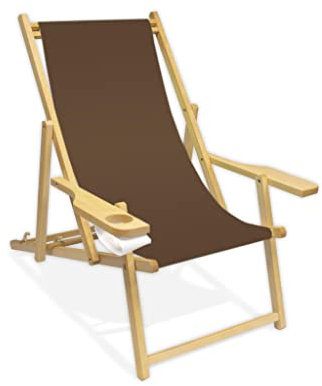Promo Trade Holz-Liegestuhl mit Armlehne und Getränkehalter, Klappbar, Wechselbezug (Cappuccino)