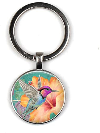 Kolibri Schlüsselanhänger Niedlicher Vogel Metall Schlüsselanhänger Foto Glas Cabochon Handgemachte Autotasche Keychian Art Schmuck, Weiß, L, Weiß, Large