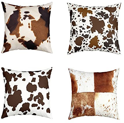 Kuhfell Kissenbezüge 45x45 Set von 4 Kuh Druck Wurf Kissenbezüge Kissenbezüge Western Kuhfell Kuhflecken Haut Bauernhof Tier Cowboy Geometrische Dekorative Quadratische Kissenbezüge für Wohnzimmer