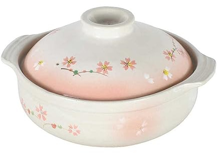 JapanBargain 4893, Clay Pot for Cooking Japanese Donabe Hot Pot Casserole Korean Earthenware Pot with Lid, Sakura Pattern, Serving 3-4 People (No.08)