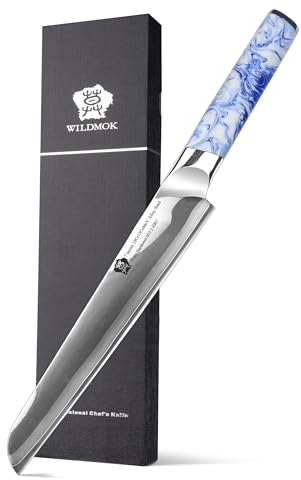 WILDMOK Sashimi Sushi Sujihiki-Messer 21,5 cm 7 Schicht 10Cr15CoMoV Clad Stahl, ergonomischer blau-weißer Porzellanmuster Harzgriff, japanisches Yanagiba-Küchenmesser Schnitzmesser