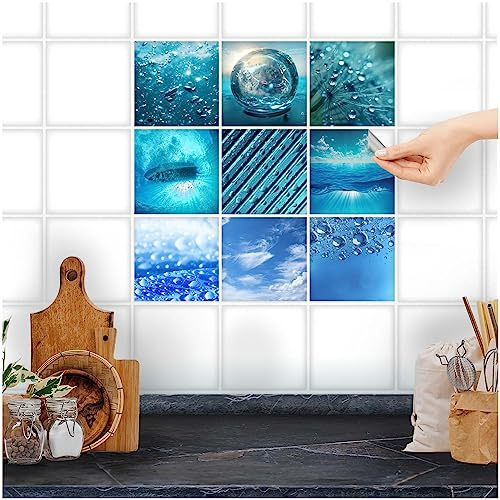 FoLIESEN Fliesenaufkleber für Bad, Küche, Badezimmer - Fliesen-Folie selbstklebend - Deko-Aufkleber Blau - Into the Blue, .:20x20 cm - 9-tlg.