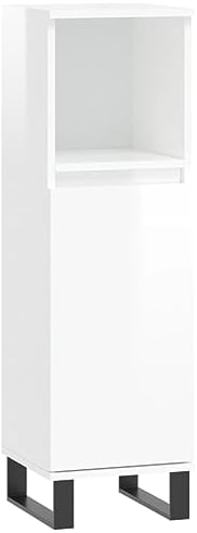 vidaXL Bathroom Cabinet in High Gloss White Engineered Wood with Spacious Storage and Industrial Style Iron Feet - 30x30x100 cm