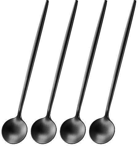 Lange Kaffeelöffel 17 cm Edelstahl 304 Schwarz, 4er Set Eislöffel Lang, Dessertlöffel Lang, Teelöffel Langer Stiel, Löffel für Latte Macchiato Gläser, Zuckerlöffel Matt Poliert, Extra Stabil