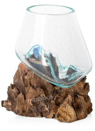 Prodbuy Molten Glass Vase on Teak Root Wooden Base Small 10cm