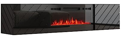 MEBLINE Luxe EF Schwarz TV Lowboard mit Schwarz Kamin – Fernsehschrank – Tv Sideboard – Sideboard Wohnzimmer Tv – Möbel Wohnzimmer – Tv Cabinet Unterschrank – Tv Unit – Tv-möbel & Phonomöbel