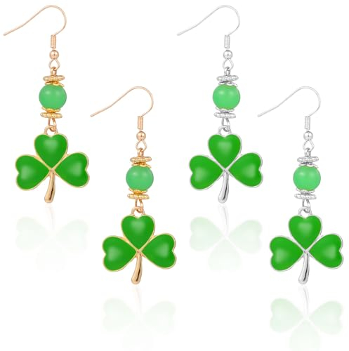 2 Paar St Patricks Day Ohrringe, Kleeblatt Ohrringe Grün Zinklegierung Kleeblatt Ohrringe Hängend St Patricks Day Accessoires für Frauen Mädchen (Gold + Silber)