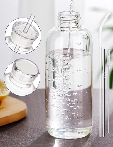 NiHome 25oz/750ml Clear Glass Water Bottle with 2 Lids & Stainless-Steel Straw, Temperature Resistant Durable High Borosilicate Glass Drinkware with Leak-Proof Seal for Travel, Gym, School & Home Use