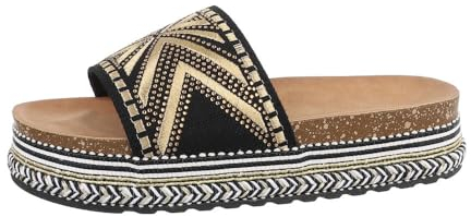 Ital Design Damenschuhe Sandalen & Sandaletten Pantoletten, DM105-, Textil, Schwarz Gold, Gr. 38