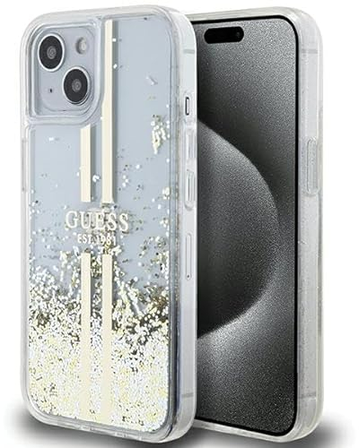Guess GUHCP15SLFCSEGT Case for iPhone 15/14/13 6.1 Inch Transparent Hard Case Liquid Glitter Gold Stripes