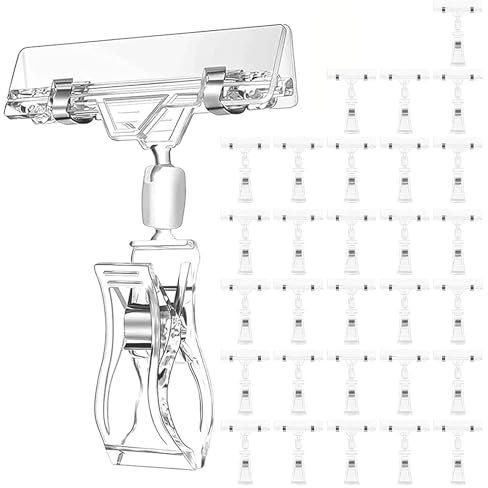 Ginobili 30 Pcs Label Holders Sign Clip, Plastic Clear Rotatable Sign Clips, Merchandise Sign Display Clip, Price Tag Clamp Easy to Use