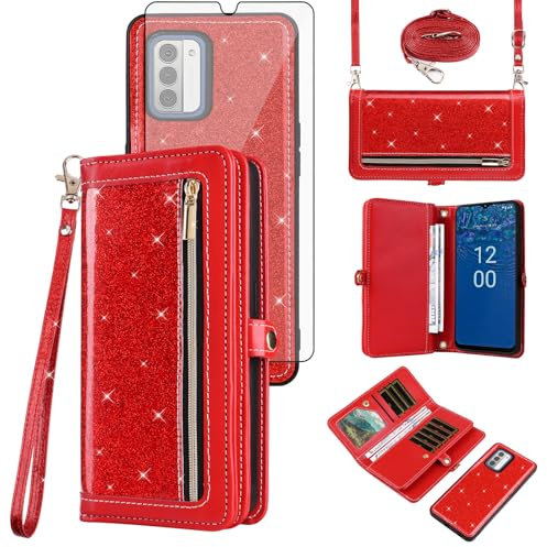 Asuwish Phone Case for Nokia G310/G42 5G Zipper Wallet Detachable Cell Cover with Tempered Glass Screen Protector Crossbody Lanyard Strap Bling Glitter Flip Card Holder NokiaG310 G 310 310G Women Red