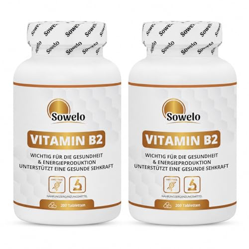 Vitamin B2 40 mg pro Tablette, hochdosiert, 2 x 200 Tabletten, Sowelo | 400 Tabletten insgesamt, bis zu 400 Tage Vorrat – für Energiestoffwechsel, Nervensystem und normale Sehkraft – EU-Herstellung