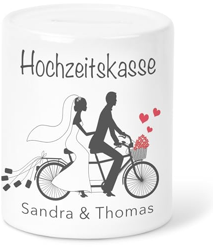 Hochzeitskasse Spardose zur Hochzeit personalisiertes Geldgeschenk Sparschwein mit Tandem & Brautpaar Hochzeitsgeschenk Geld Sparbüchse aus Keramik
