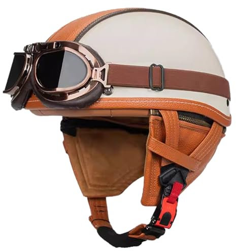Casco Jet Moto Vintage Omologato ECE Mezzo Pelle Casco Da Motociclista Caschi Cromwell Con Occhiali Portatile Casco A Scodella Per Uomo Donna Scooter Street Cruiser 5,XL:60-61CM