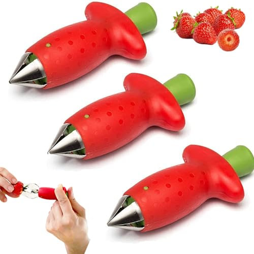 Obstentkerner,3 Stück Edelstahl Erdbeer,Strawberry Entstrunker,Erdbeere Huller Tool,Verwendet Um Blattstiel Für Erdbeeren,Ananas,Kartoffeln Zu Schneiden(Rot)