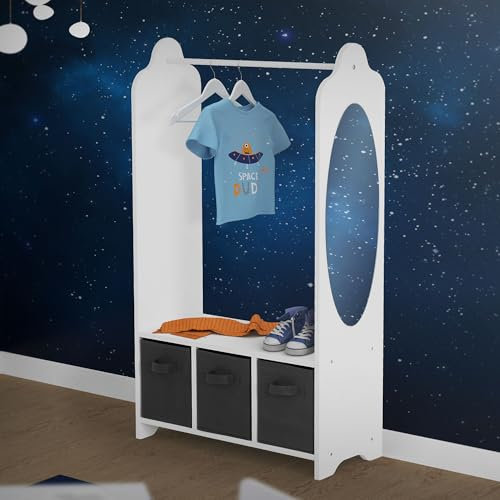 Joyz Kinder Kleiderständer mit Ablage, 3 Fächer und Spiegel, Kleiderstange Kinderzimmer, Weltraum Motiv, 63x30x115 cm, Weiß, Kinderregal mit 3 Boxen, Kindergarderobe Standgarderobe Garderobenständer