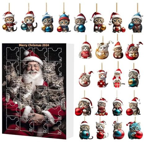 Katzen Adventskalender 2024, 24 Tage Weihnachten Sammlerstück Katze Set, Weihnachten Adventskalender mit Katzenanhänger für Weihnachtsdekoration