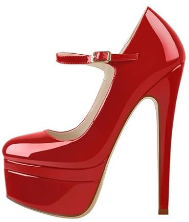 MissHeel Women's Closed Toe Mary Jane Double Platform Stiletto Pumps Buckle Strappy High Heels Ankle High Dress Shoes Red Size 5