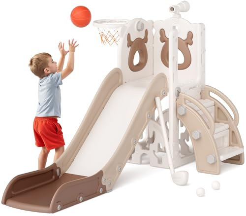 Mloong 7 in 1 Toddler Slide, Kids Slide for Toddlers1-3,Beige & Rosy Brown