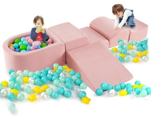 COSTWAY Set di 5 Pezzi Gioco in Schiuma, Blocchi con Piscina di Palline per Bambini, Coperture Lavabili con Cerniere, Blocchi Creativi per Stanza di Giocattoli, Camera da Letto (Rosa)