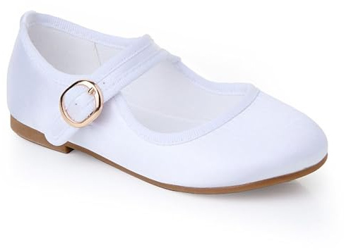 Girls Kids Mary Jane Ballet Flats, White Satin, Holy Communion Shoes,Wedding Formal, Soft Foam Insole (White, UK Footwear Size System, Big Kid, Women, Numeric, Medium, 2)