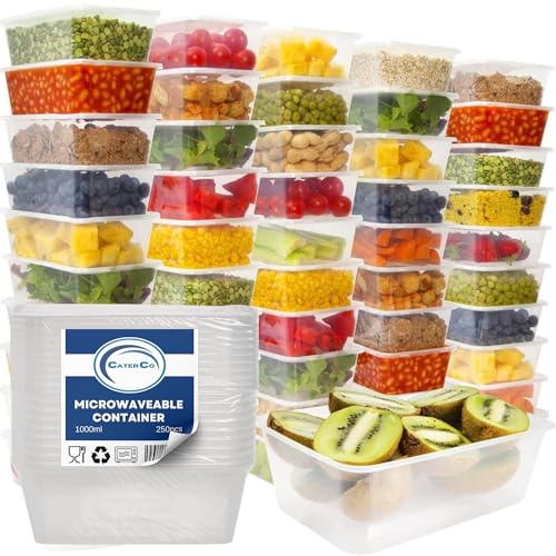 CaterCo 1000ml Plastic Food Containers with Lids - Set Of 250 - BPA Free, Reusable & Disposable Meal Prep Containers - Microwave & Freezer Safe, Cooking, Takeaway, Storage (1000ml - Set Of 250)