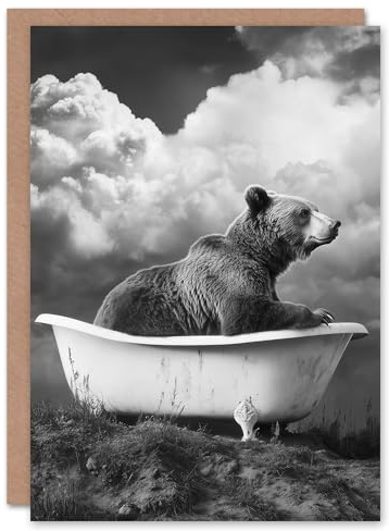 Artery8 Greeting Card Surreal Bear in Bathtub Black White Bath Time Blank For Him Or Her Art Birthday Card