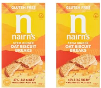 Ginger Oat Biscuit Breaks, Gluten Free, 40% Less Sugar, Plant Based, 160g, Pack of 2,Made with nutritious wholegrain oats and real stem ginger pieces,
