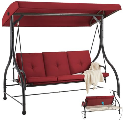 U-MAX 3 Seater Garden Swing Seat Bed, Convertible Outdoor Hammock Bench Chair with Adjustable Canopy & Cushion, Steel Frame Porch Swing Chair Lounger for For Garden Patio Balcony(Red)