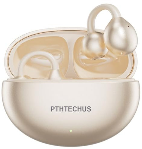 PTHTECHUS Audífonos Inalámbricos Bluetooth de Clip, Audífonos Deportivos 12mm Diafragmas con ENC, 30H Reproducción, IPX5, Compatibles con iOS Android 5.4 Open-Ear, Llamadas nítidas (Oro Brillante)