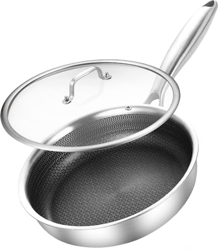 DELARLO Tri-Ply Stainless Steel Nonstick Ceramic Omelette Pan 8inch | Omelette Egg Pan with Lid, Durable Chef's Pan, Induction Kitchen Skillets, Compatible with All Cooktops Up to 500℉